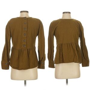 Madewell Olive Green Brown Button Back Peplum Long-Sleeve Cotton Top Size Small